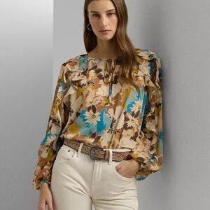 Lauren Ralph Lauren Floral Crinkle Georgette Tie-Neck Blouse Size Large